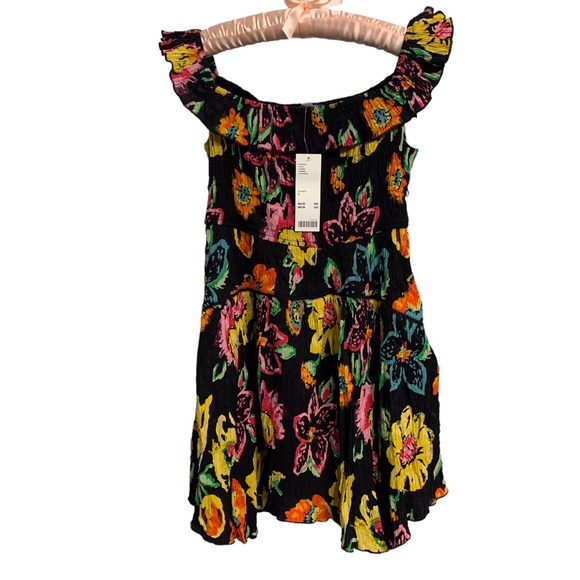 URBAN OUTFITTERS  AUBREY OFF THE SHOULDER SMOCKED RUFFLE MINI DRESS MULTICOLOR - Picture 2 of 15